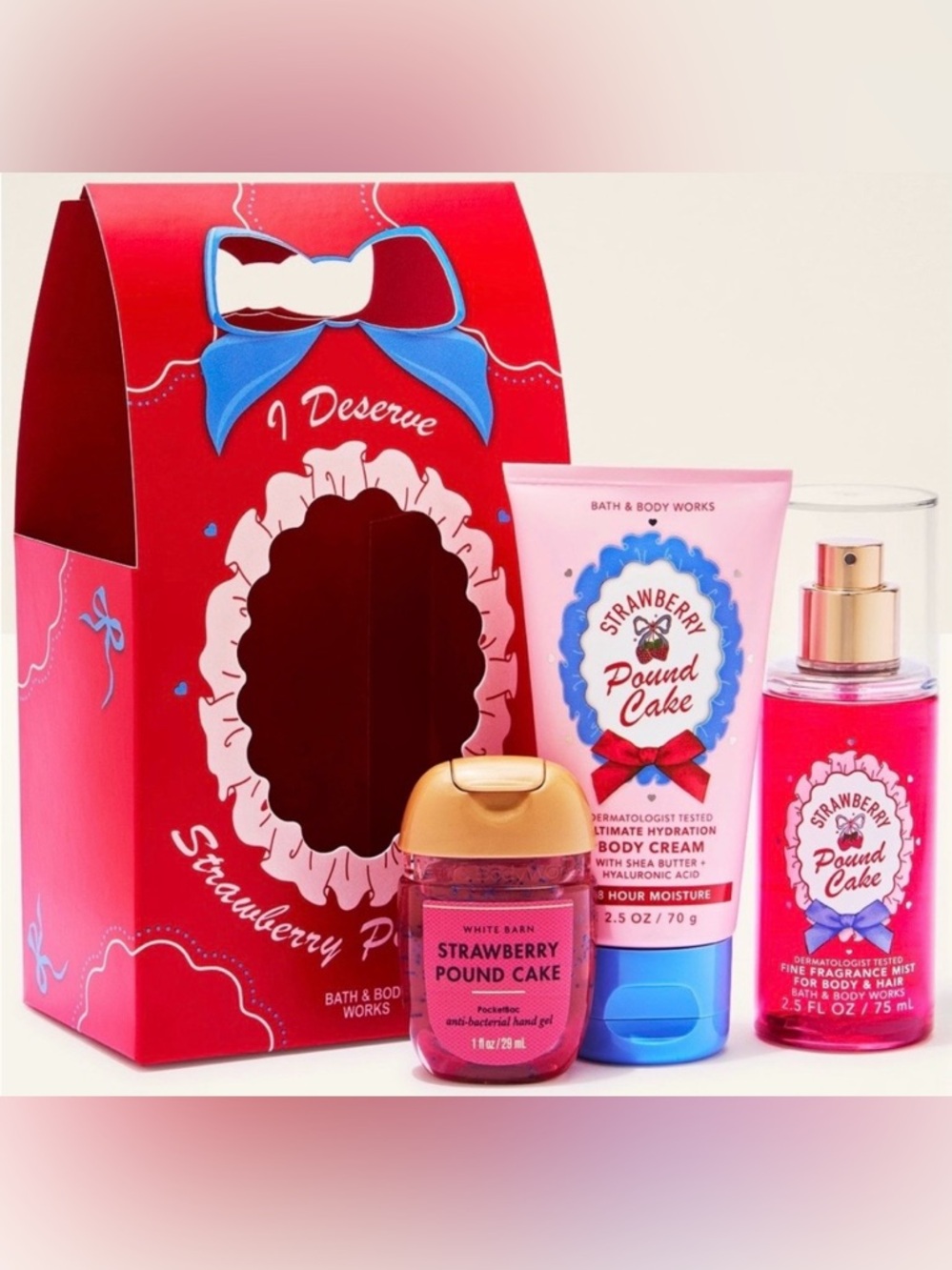 🆕🍰 BATH & BODY WORKS “I DESERVE STRAWBERRY POUNDCAKE” MINI GIFT SET. BRAND NEW.
